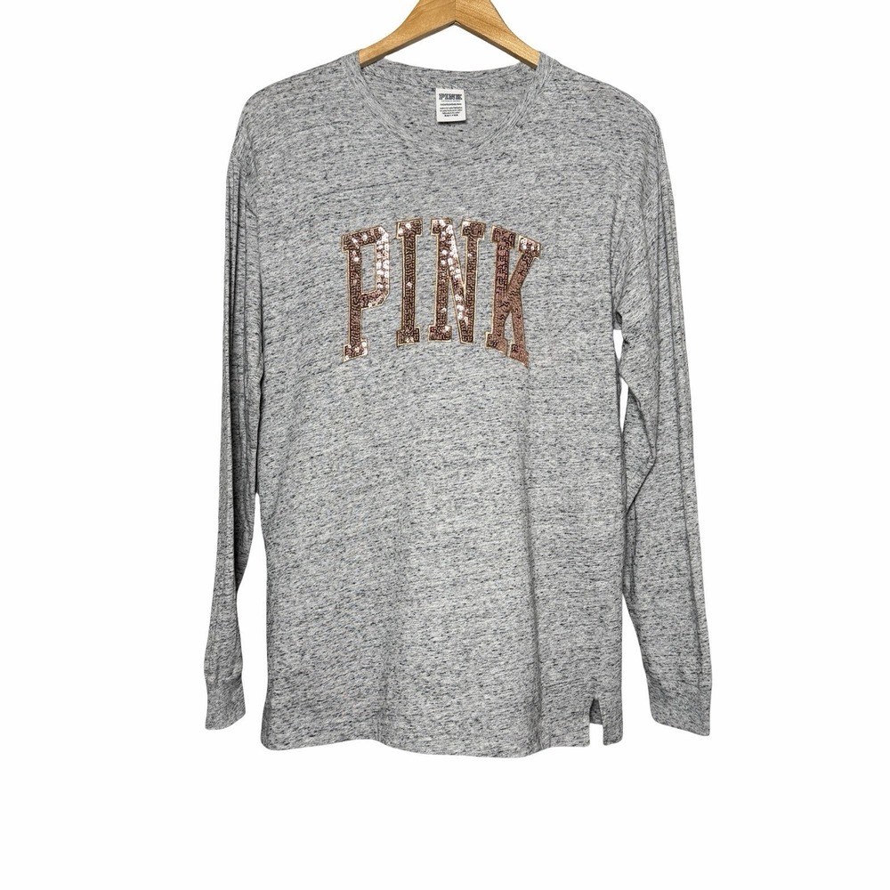 Victoria's Secret PINK Women's Y2K Bling Sequin Logo Tee Long Sleeve Gray XS